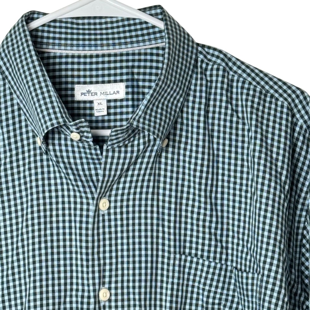 Peter‎ Millar Button Down Mens XL Blue Green Gingham Cotton Silk Blend